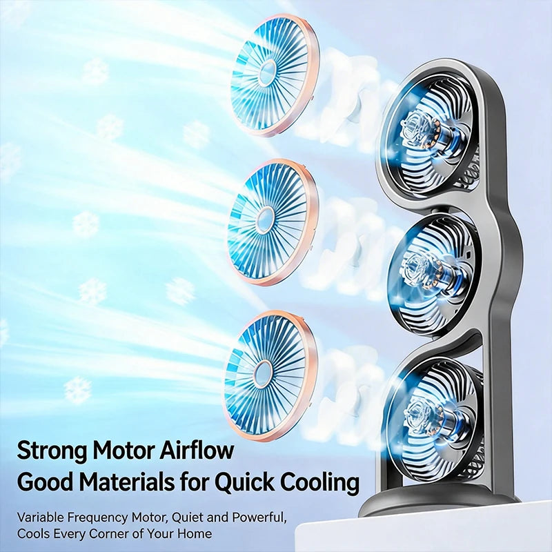 Portable USB Rechargeable 3-Head Desktop Fan, 360° Rotation Circulating Fan 5 Speed Wind for Dormitory Outdoor