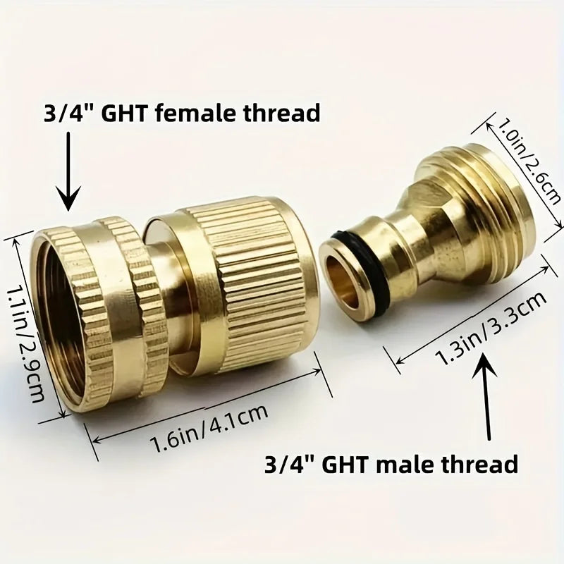 2-PCS Brass Garden Hose Quick Connect Kit, 3/4" GHT Male & Female Threads, Battery-Free Connector for Outdoor Lawn & Gardening
