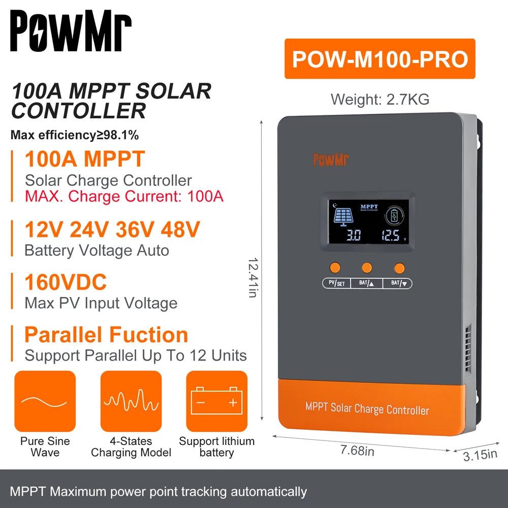 PowMr MPPT 100A 80A Solar Charge Controller 12V 24V 36V 48V Auto Solar Panels Regulator Parallel Up 12 Units For Lead LiFePO4 Lithium Battery