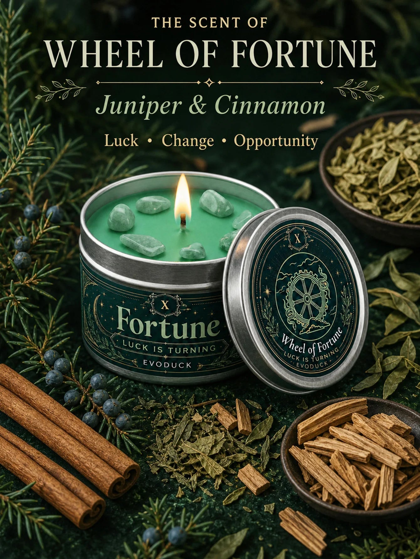 EVODUCK Wheel of Fortune Tarot Candle with Green Crystal Stones, Green Wax Scented Silver Tin Candle, Luck Is Turning Spiritual Ritual Candle for Meditation, Abundance Prosperity, Witchy Altar Decor, New Year Birthday Christm