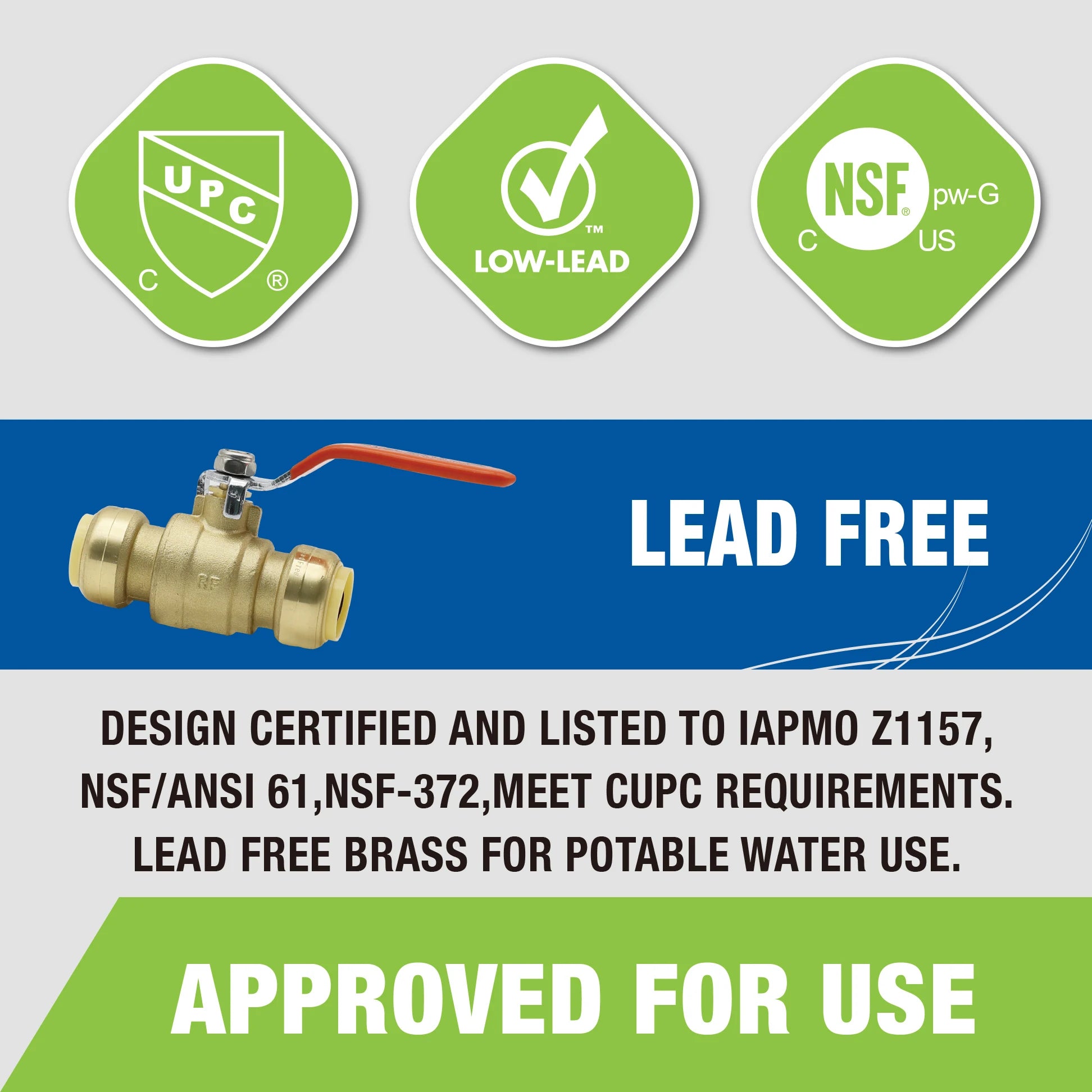 KING SMART 1/2" Push Fit 1/4 Turn Full Port Push Fit Ball Valve; for Hot and Cold Water System; 2Pcs/Case; 80514