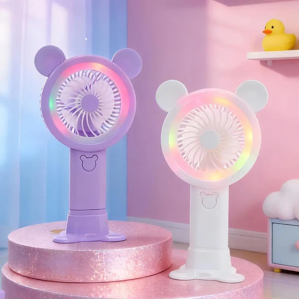 2026 New Gradient Light Handheld Mini Fan Portable Lovely Pink Cartoon Windy Fan Cute Round Ears Desktop Small Electric Fan