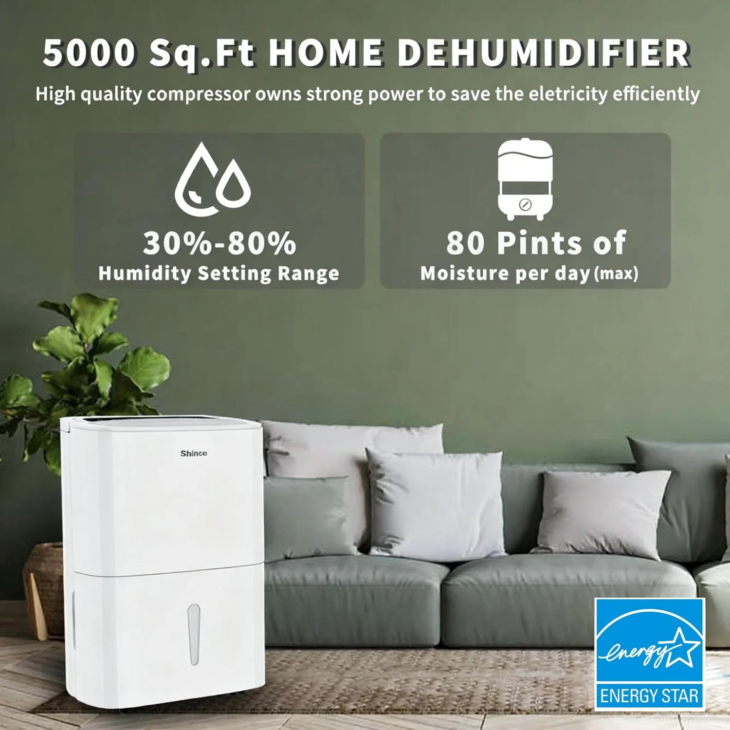 Shinco 5,000/6,000 Sq.Ft Energy Star Dehumidifier, Ideal for Large Rooms and Home Basements, Efficient Moisture Removal,1.32 Gallons