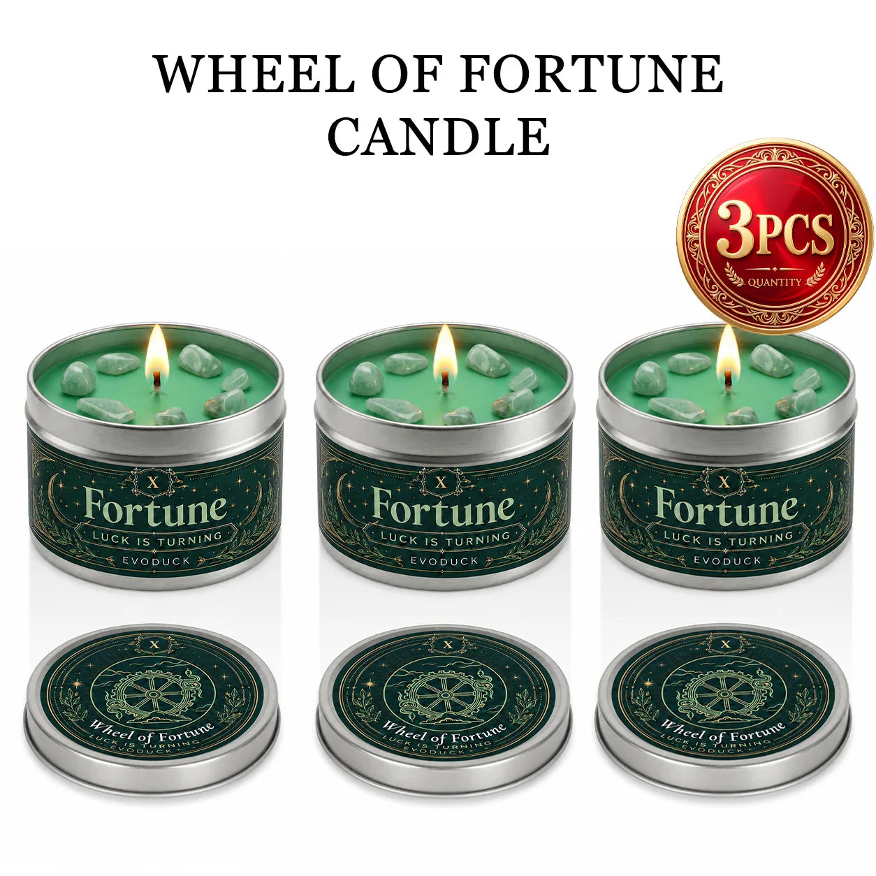 EVODUCK Wheel of Fortune Tarot Candle with Green Crystal Stones, Green Wax Scented Silver Tin Candle, Luck Is Turning Spiritual Ritual Candle for Meditation, Abundance Prosperity, Witchy Altar Decor, New Year Birthday Christm