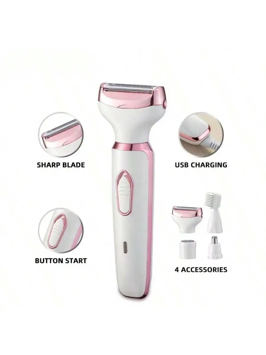 4-in-1 Rechargeable Electric Lady Shaver Set - 500mAh Portable Wet/Dry Trimmer for Face, Nose, Legs & Underarms