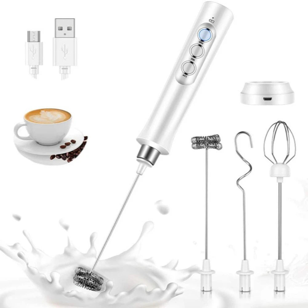 USB Rechargeable Electric Milk Frother Mini Handheld Foam Maker 3 Speed Whisks for Latte Coffee Cappuccino Stainless Steel Egg Beater Drink Mixer Hot Chocolate Blender Portable Cordless Kitchen Gadgets Tools
