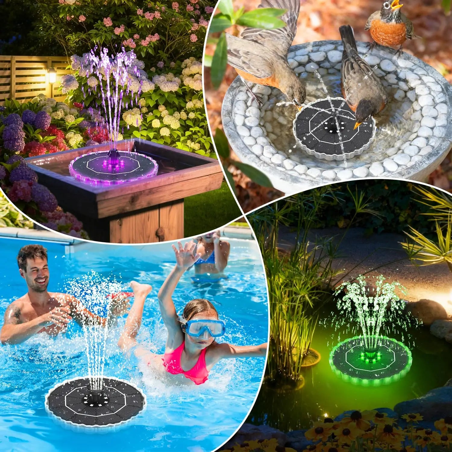 3.5W Solar Fountain for Bird Bath 3D Color LED, Anti-Drift Fixer, 8 Nozzles, Solar Pump Kit for Garden Patio Pond
