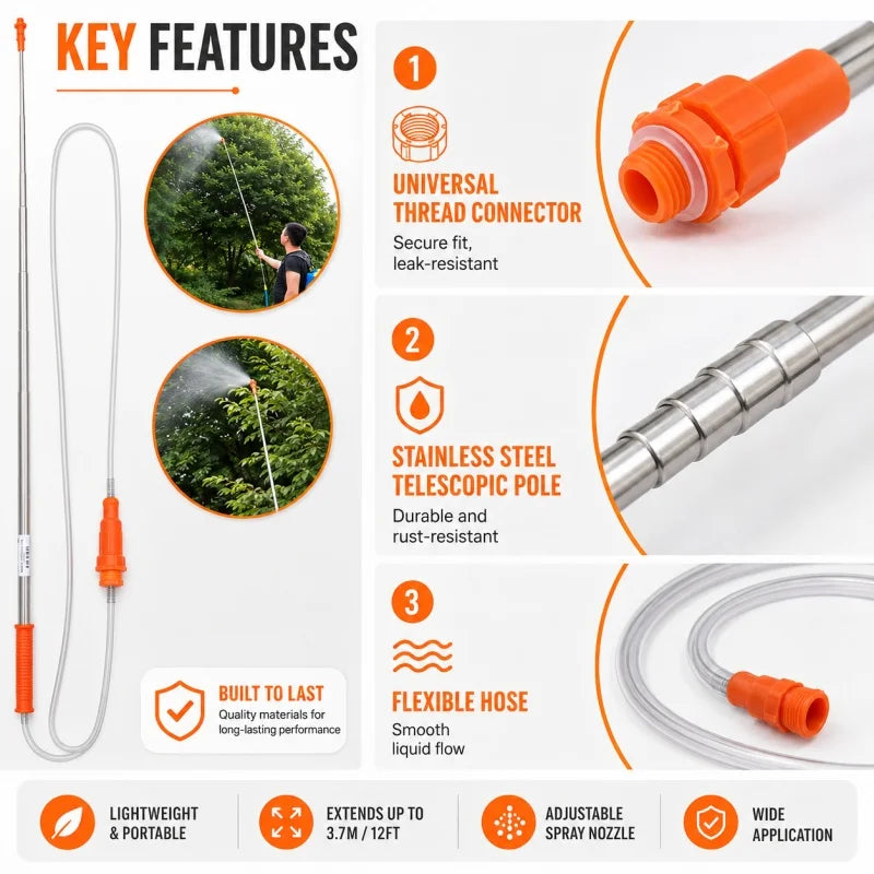 Stainless Steel Sprayer Tube 2.6m Telescopic Spray Rod Outdoor Garden Hand Pressure Sprayer Pesticide Spraying Accessories
