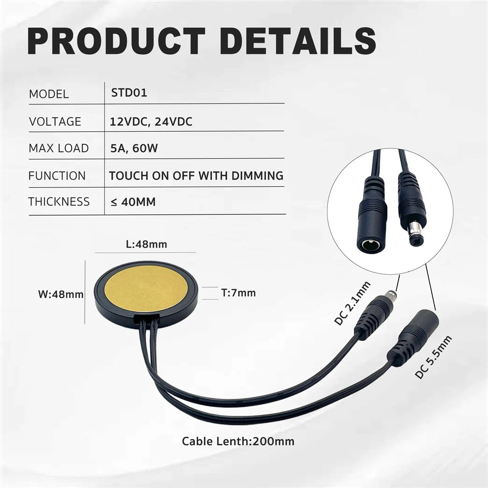 Concealable Touch-Sensitive Switch for Back 0-40mm Thick Wood Panels Brightness Adjustment 12V/24V 60W for Wooden Furniture