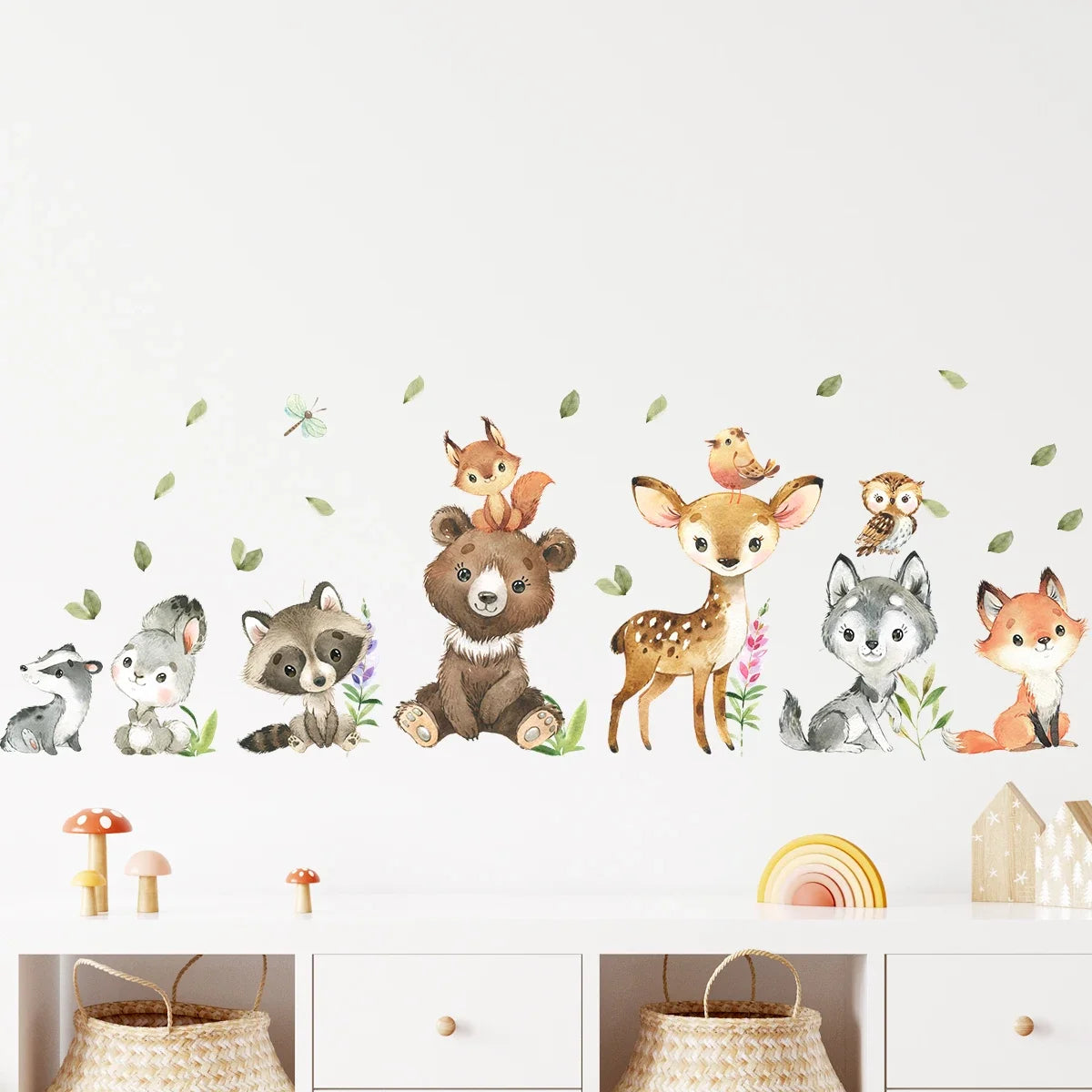 2PCS Cartoon Cute Brown Bear Deer Rabbit Animal Wall Stickers for Bedroom Living Room Nursery Decoration Wall Decals