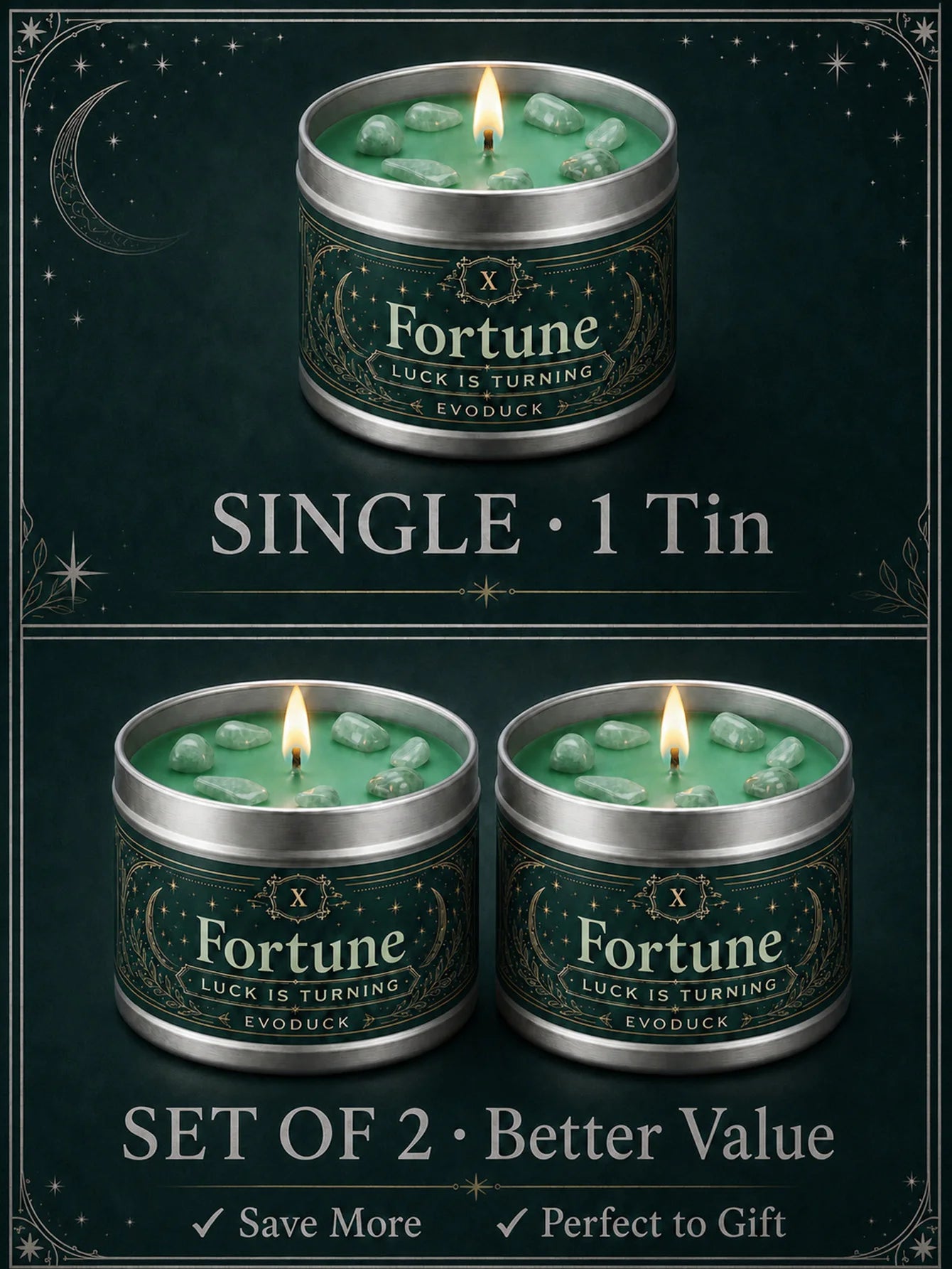 EVODUCK Wheel of Fortune Tarot Candle with Green Crystal Stones, Green Wax Scented Silver Tin Candle, Luck Is Turning Spiritual Ritual Candle for Meditation, Abundance Prosperity, Witchy Altar Decor, New Year Birthday Christm