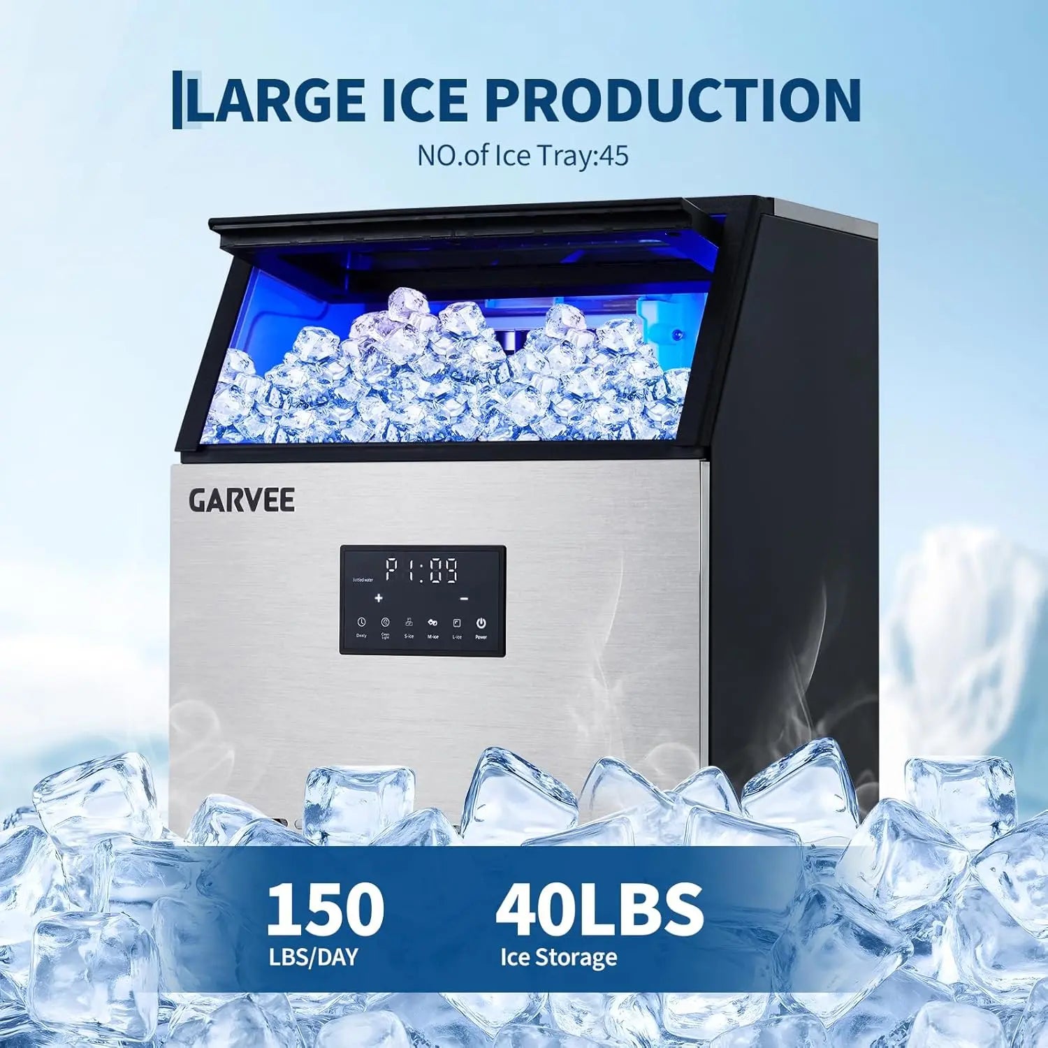 Commercial Ice Maker Machine 150LBS/24H, 40LBS Storage Bin, Fast Ice Making, Dual Water Inlet & Auto Self-Cleaning for home