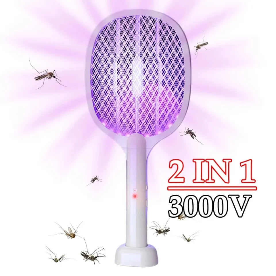 Handheld Electric Fly Swatter Bug Zapper Racket USB Rechargeable Mosquito Killer Lamp 2 in 1 Pest Control 3000V