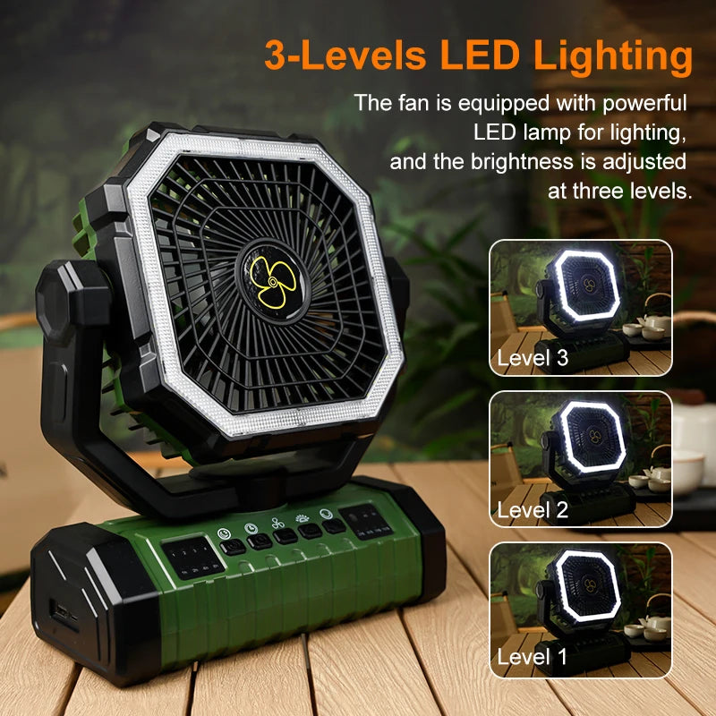 Camping Fan 20000mAh Battery Powered Fan Rechargeable with LED Light Portable Outdoor Tent Fan with Hanging Hook 4 Speeds Wind