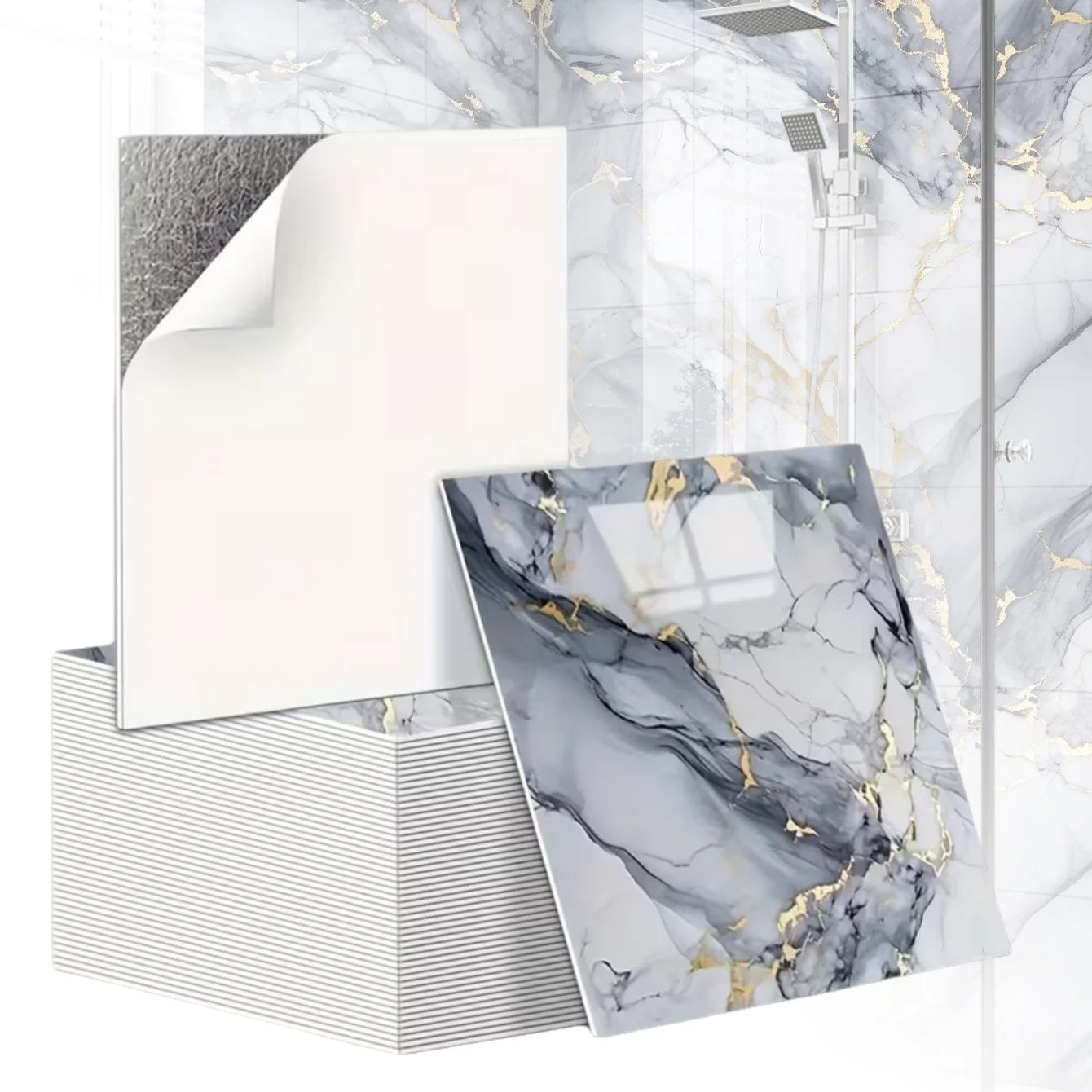 10PCS 3D Marble Effect Tile Stickers Waterproof Self Adhesive Panels for Bathroom Kitchen Wall Floor Renovation Home Decor