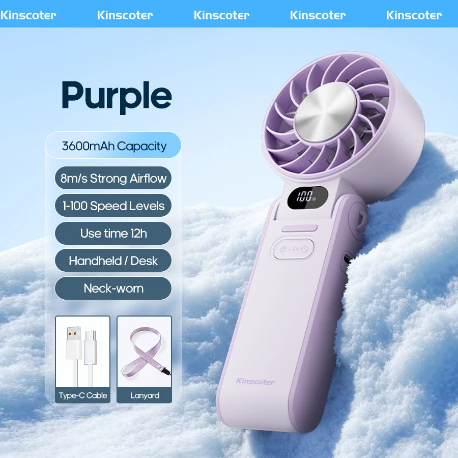 Portable High Speed Cooling Handheld Fan 3600mAh Rechargeable 100 Speed Adjustable Mini Foldable Air Cooling Turbo Fan & Lanyard