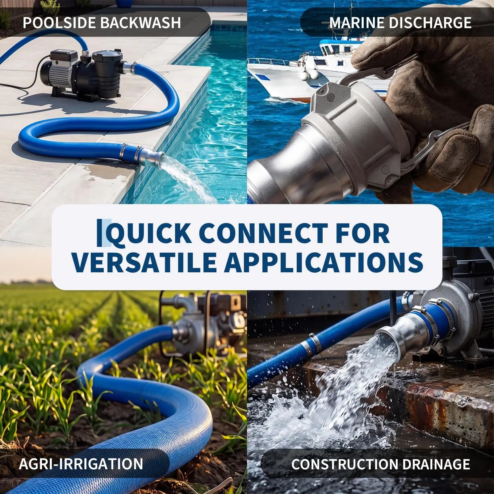 Heavy Duty Pool Backwash Hose with Aluminum Camlock Fittings or Not – Lay Flat PVC Water Discharge Pipe – Quick Connect – Kink-Resistant – 87 PSI – For Swimming Pools & Irrigation