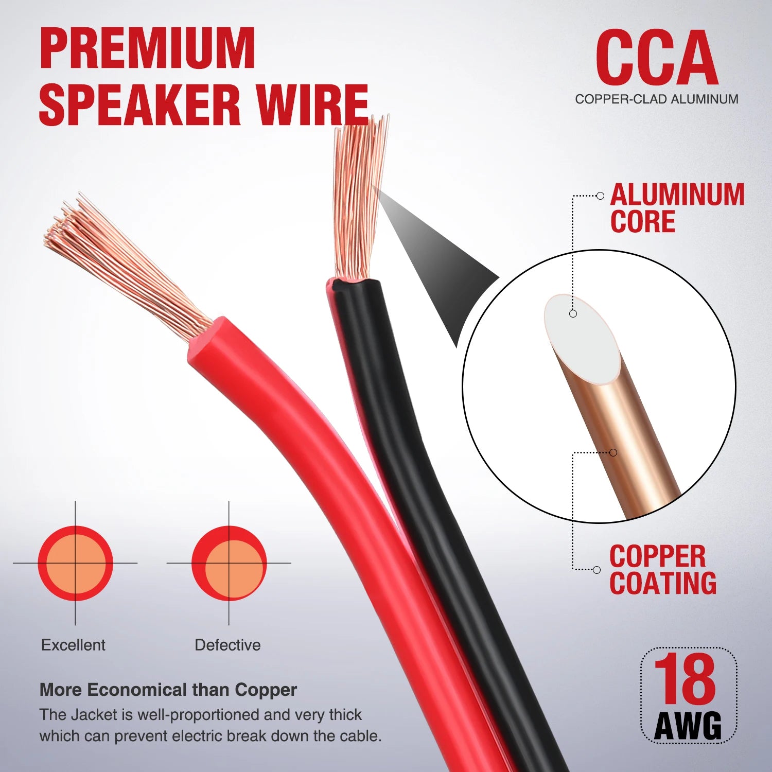 Nilight 100FT 12/14/16/18AWG Copper Clad Aluminum Wire Gauge Red Black CCA Electrical Cable 2 Conductor Parallel 12V/24V DC Flexible Extension Cords for Car Audio Radio Speaker Amplifier, Automotive Battery Cable for Subwoofe