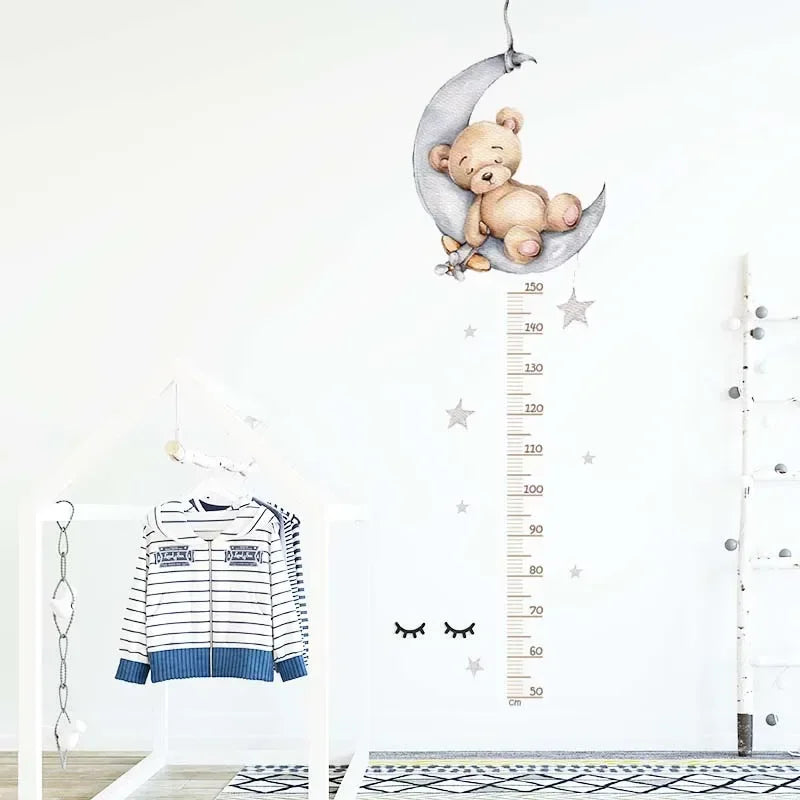 Large Sleeping Elephant Bear Moon Height Measure Wall Stickers for Kids Room Growth Chart Animals Ruller Wall Decals Home Decor