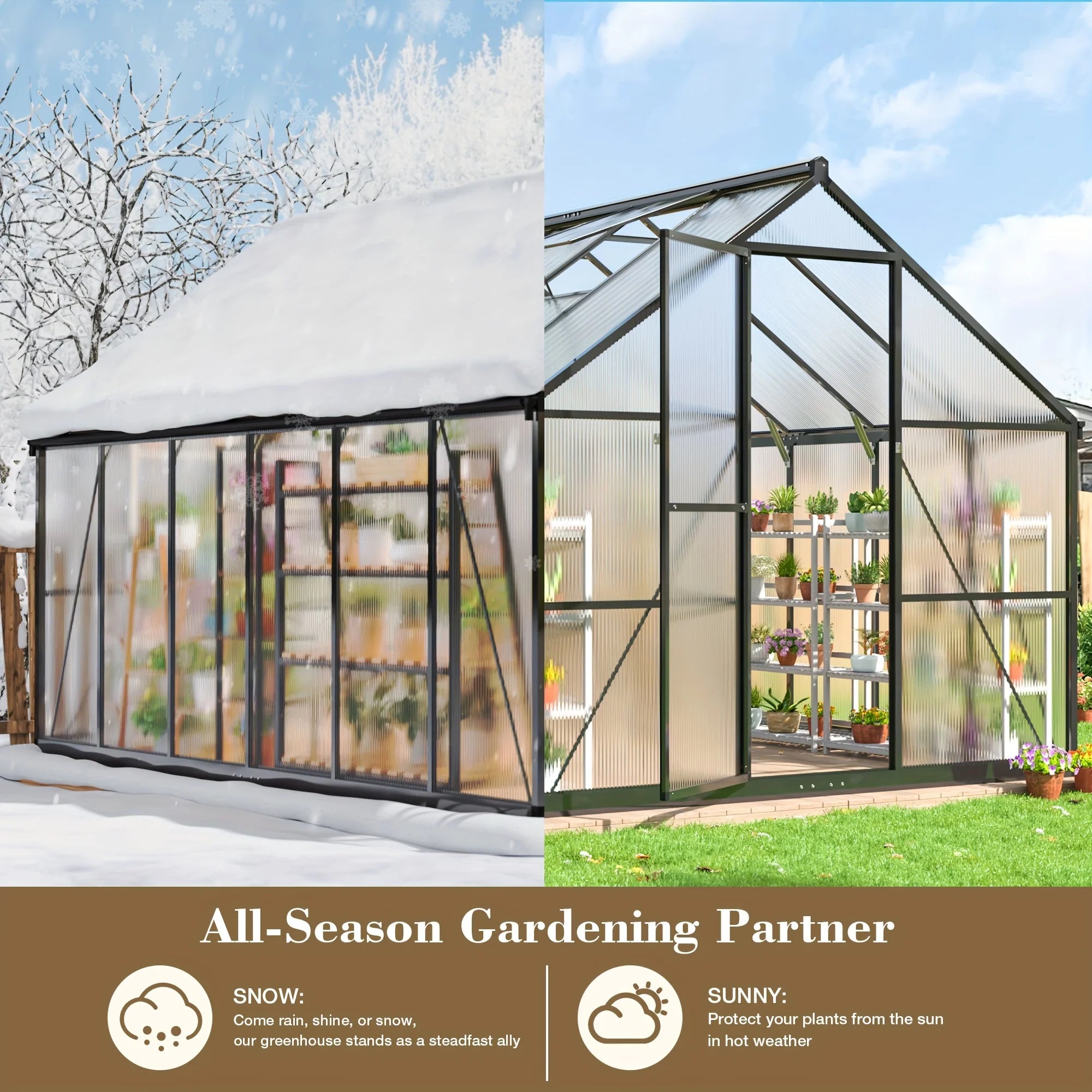 VIWAT 4x6~10x18FT Multi-Size Polycarbonate Greenhouse PC Panels Aluminum Frame Vent Roof UV Protection for Backyard Garden Patio