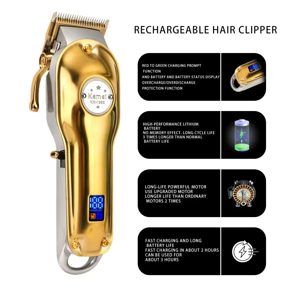 Kemei KM-1986 Gold Or Sliver Hair Trimmer For Men Trimmer Professional Clippers Electric USB Rechargeable Hair Cutting Machine
