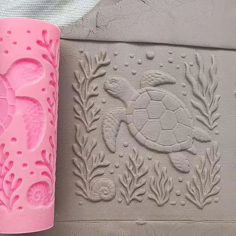 1pcs Seamless Texture Roller for Clay – Sea, Grass & Marine Patterns, No Carve, Plastic Pottery Tool