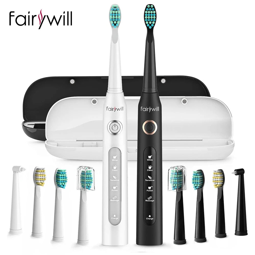 Fairywill Sonic Electric Toothbrush FW-D7 Set USB Charge Toothbrushes Case for Adult with Tooth Brush Heads 5 Mode Smart Time