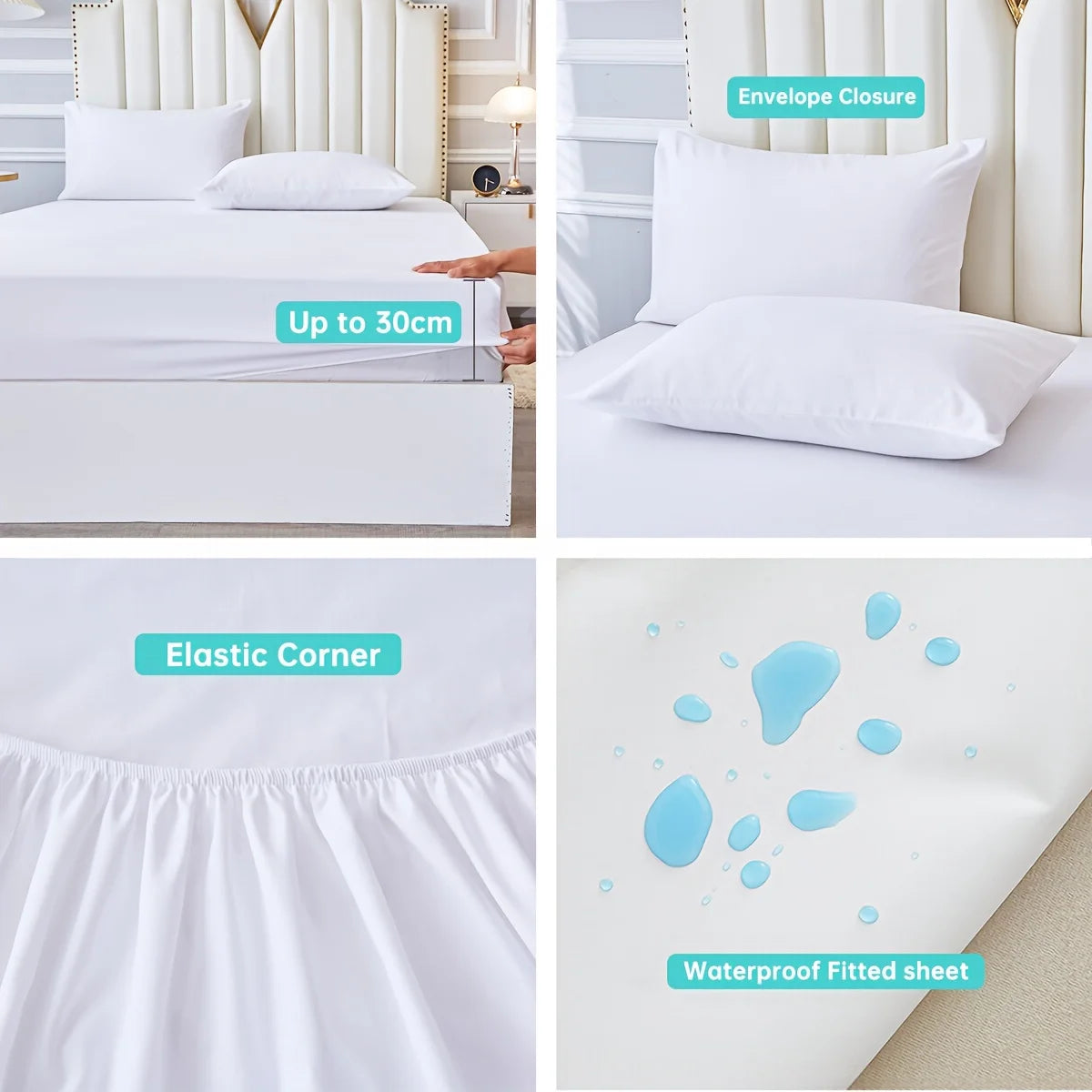 3/4pcs Solid Beding Set, Waterproof Fitted sheet & Bed Sheet & Pillowcases Soft, Queen, KIng, Full, Twin Size