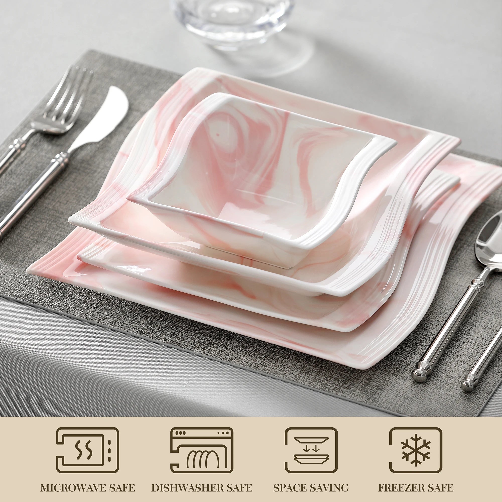 MALACASA FLORA 26-PIECE Nordic European Marble Pink Porcelain Tableware Set with Bowl,Dinner Plate,Dessert&Soup Plate Set for 6