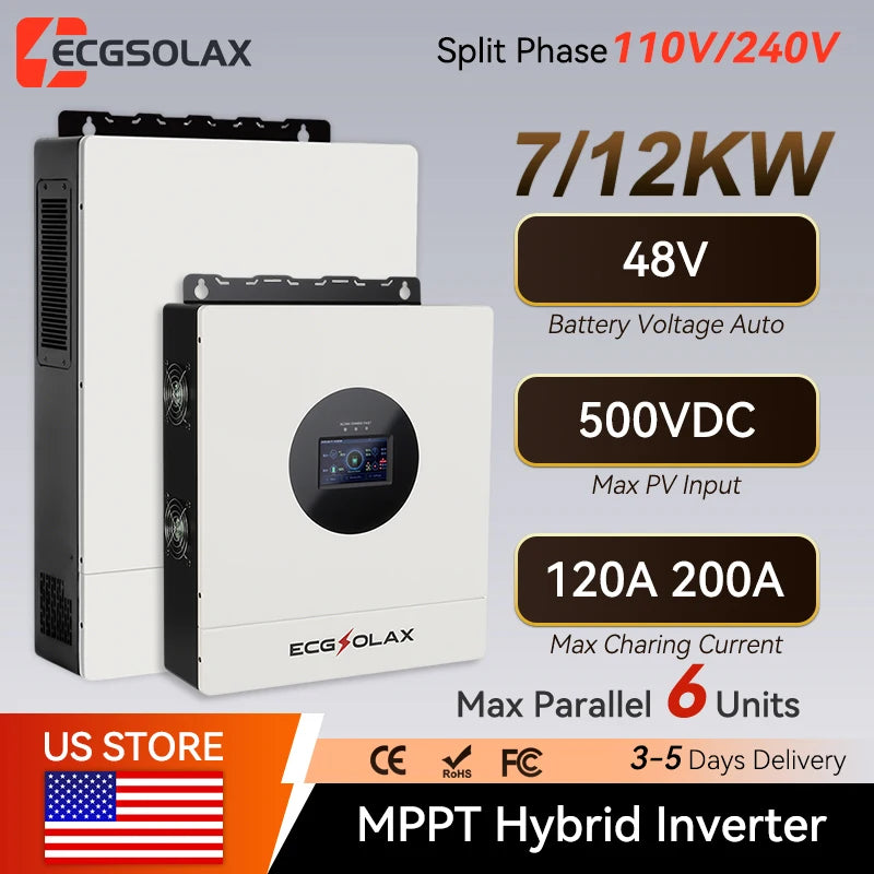 ECGSOLAX 7KW 12KW Hybrid Solar Inverter 48V 110V 240V Split Phase Pure Sine Wave Inverter With MPPT 120A 20A Solar Charger