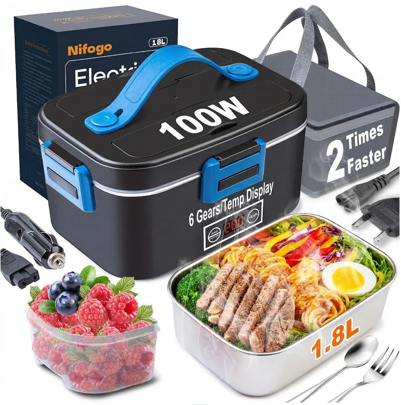 100W Temperature‑Control Electric Lunch Box,1.8L 304 Stainless‑Steel Food Heater,12V/24V Car & Household Dual‑Use Portable Heated Bento Box with Digital Temp Display for Office,Travel