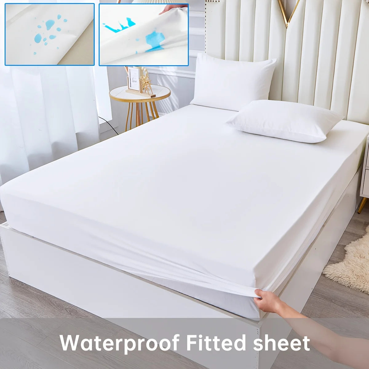 3/4pcs Solid Beding Set, Waterproof Fitted sheet & Bed Sheet & Pillowcases Soft, Queen, KIng, Full, Twin Size