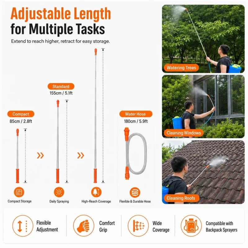Stainless Steel Sprayer Tube 2.6m Telescopic Spray Rod Outdoor Garden Hand Pressure Sprayer Pesticide Spraying Accessories