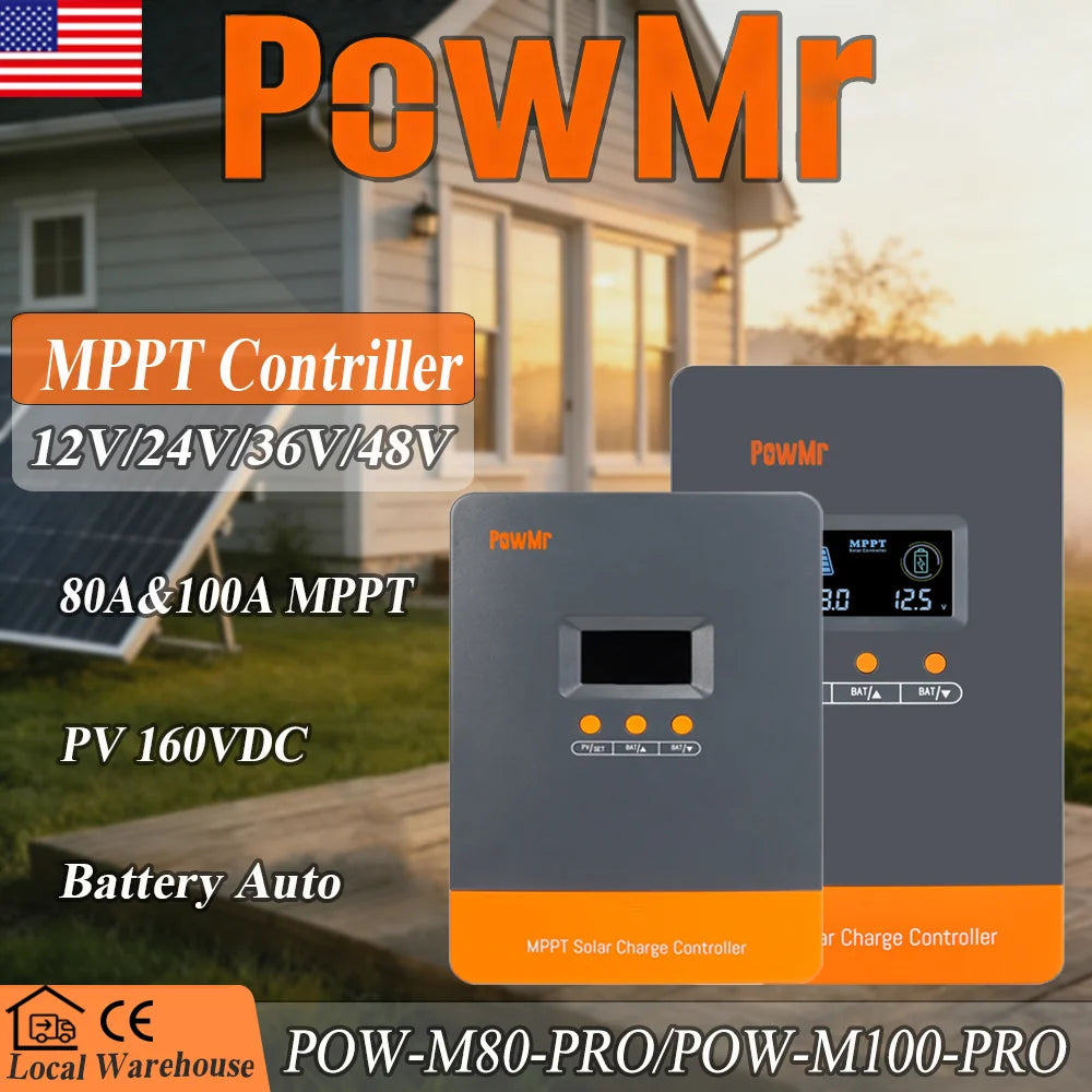 PowMr MPPT 80A/100A Charger Controller 12V 24V 36V 48V Battery Voltage Auto Up to 12 Units in Parallel for 160V Solar Panel US