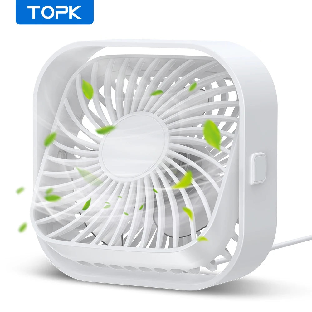 TOPK Mini Portable Fan USB Desk Fan Table Strong Airflow &Quiet Operation 3 Speed Wind 360°Rotatable Standing fans for room Home