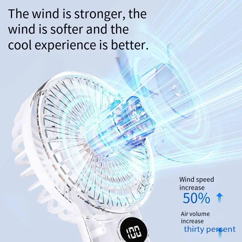 Handheld/Desk-Stand/Overhead Multi-Functional Small Fan with LCD Display and 6 Wind Speed Levels