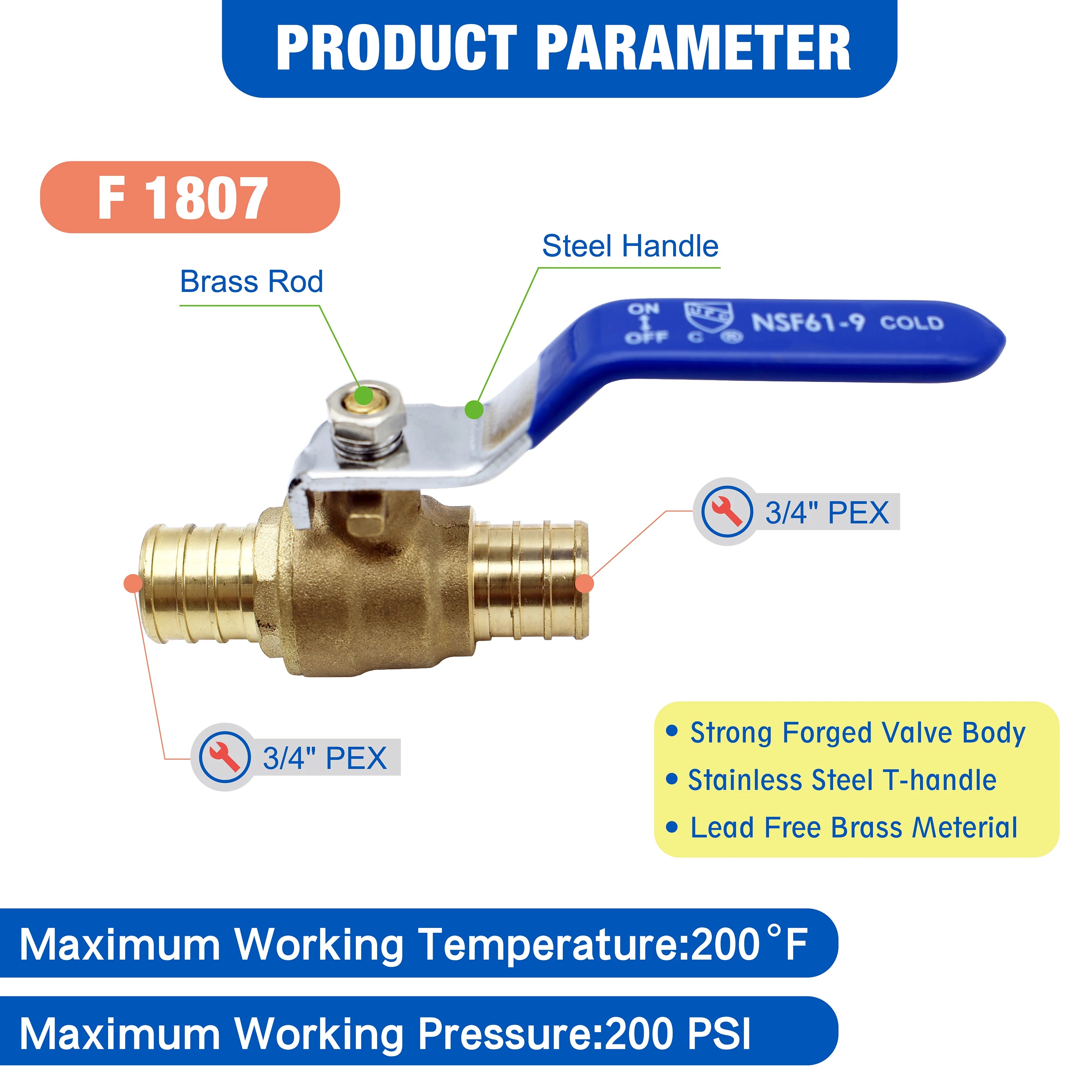 KING SMART Crimp/F1807 PEX 3/4" Full Port PEX Ball Valve; for Hot and Cold Water System; 10Pcs/Case; 80411