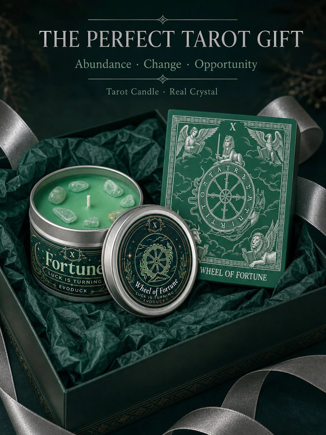 EVODUCK Wheel of Fortune Tarot Candle with Green Crystal Stones, Green Wax Scented Silver Tin Candle, Luck Is Turning Spiritual Ritual Candle for Meditation, Abundance Prosperity, Witchy Altar Decor, New Year Birthday Christm