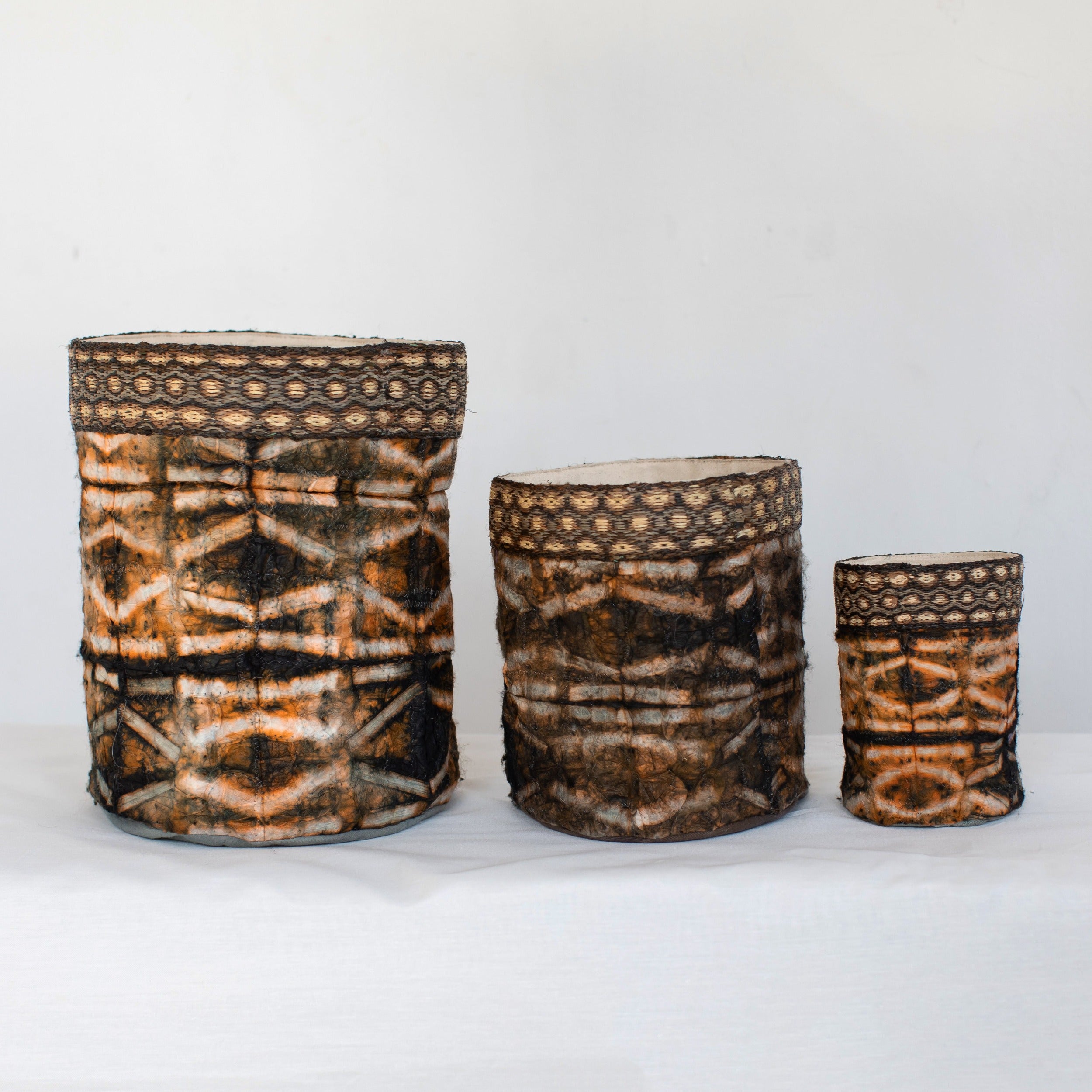Wild Silk Shibori Basket - Stick Pattern - Onyx & Natural
