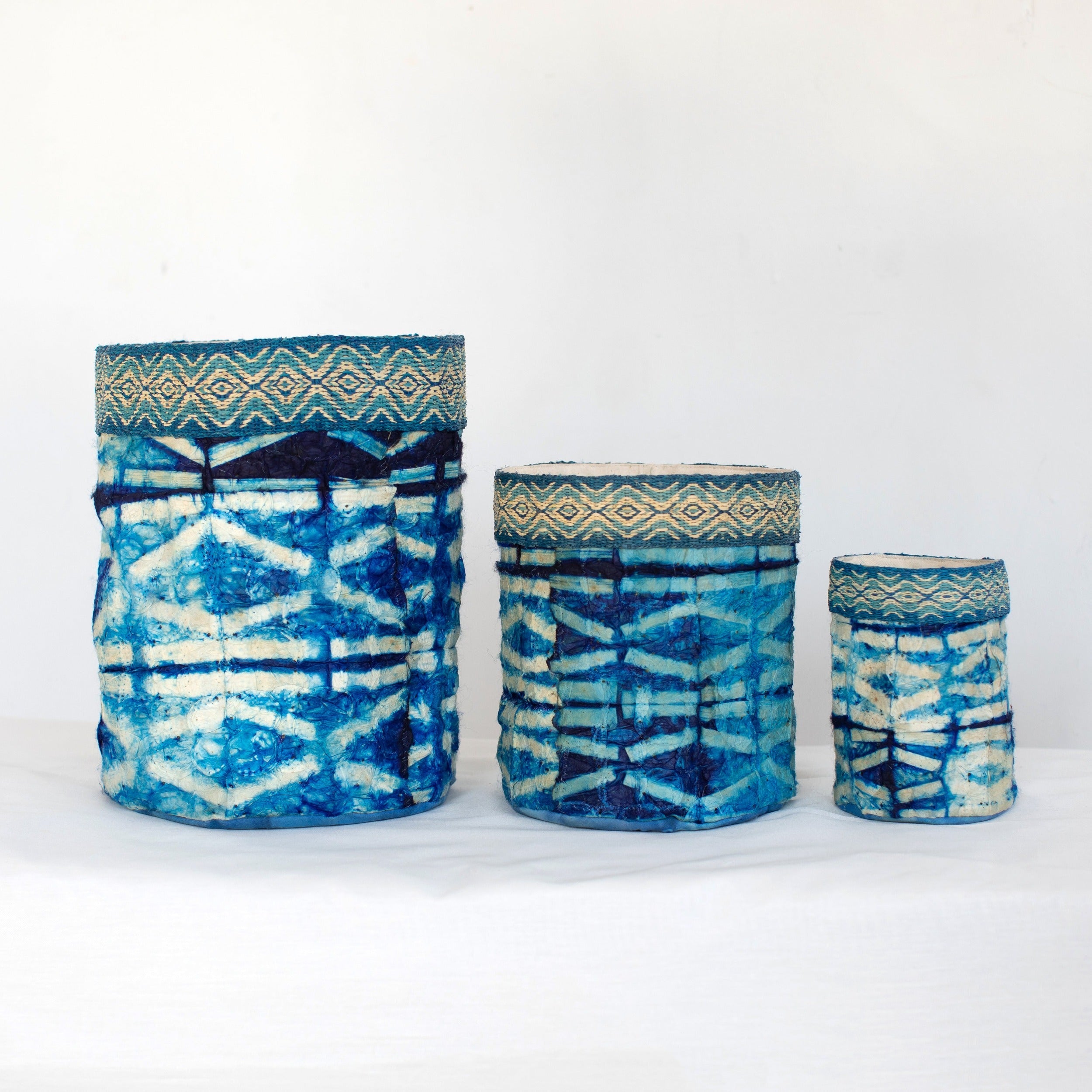 Wild Silk Shibori Basket - Stick Pattern - Sapphire & Natural