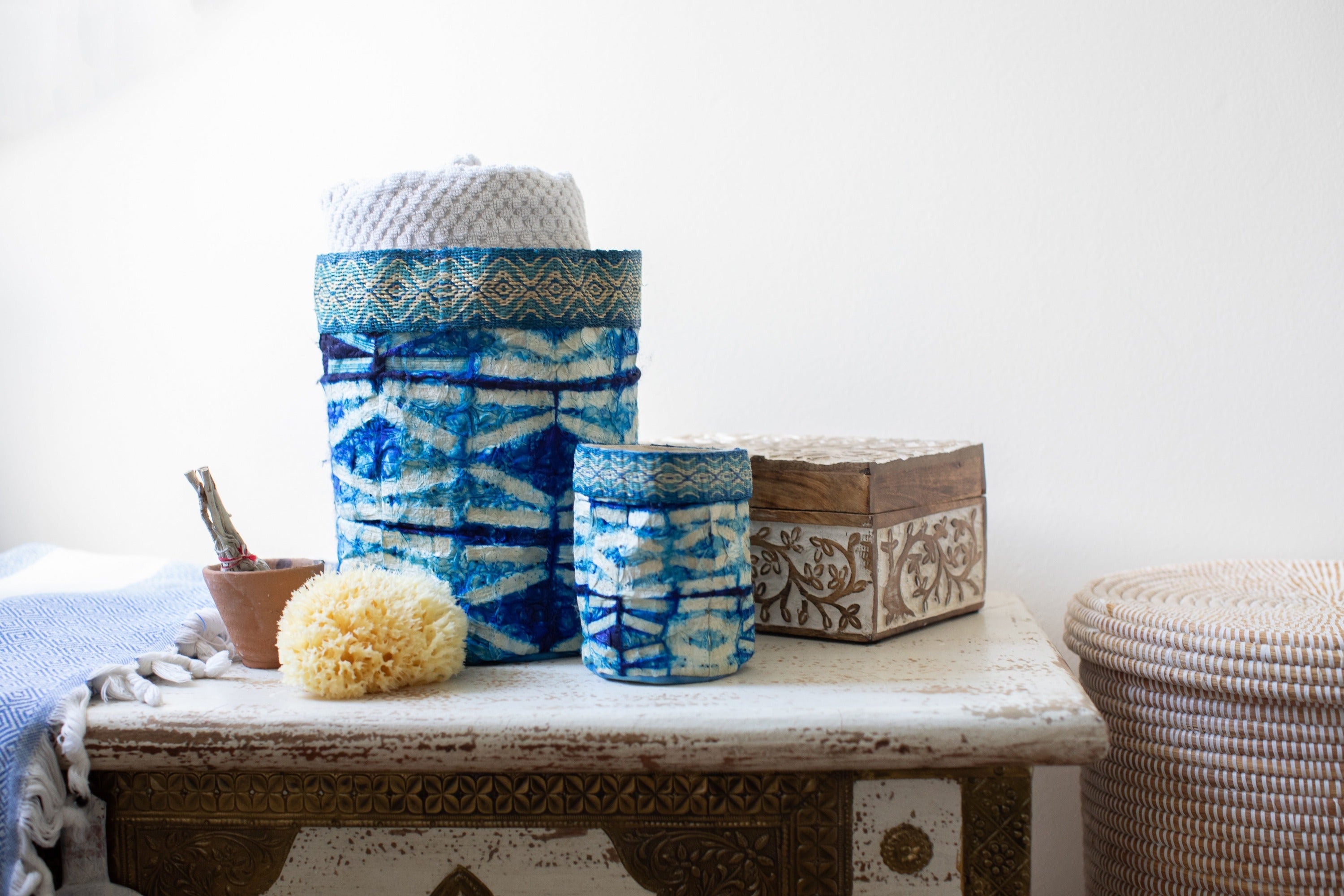 Wild Silk Shibori Basket - Stick Pattern - Sapphire & Natural