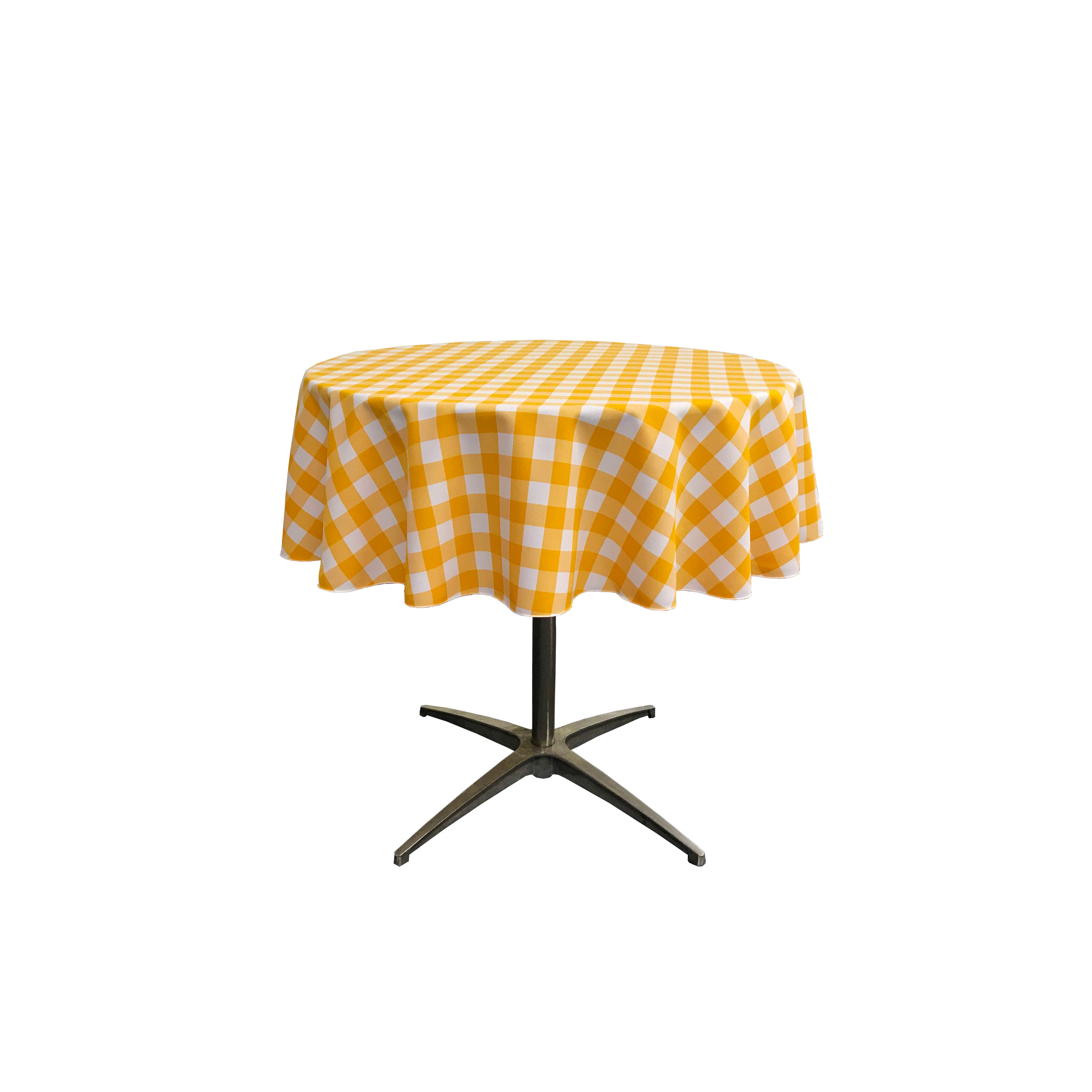 La Linen Polyester Gingham Checkered 58-Inch Round Tablecloth, White And Dark Yellow