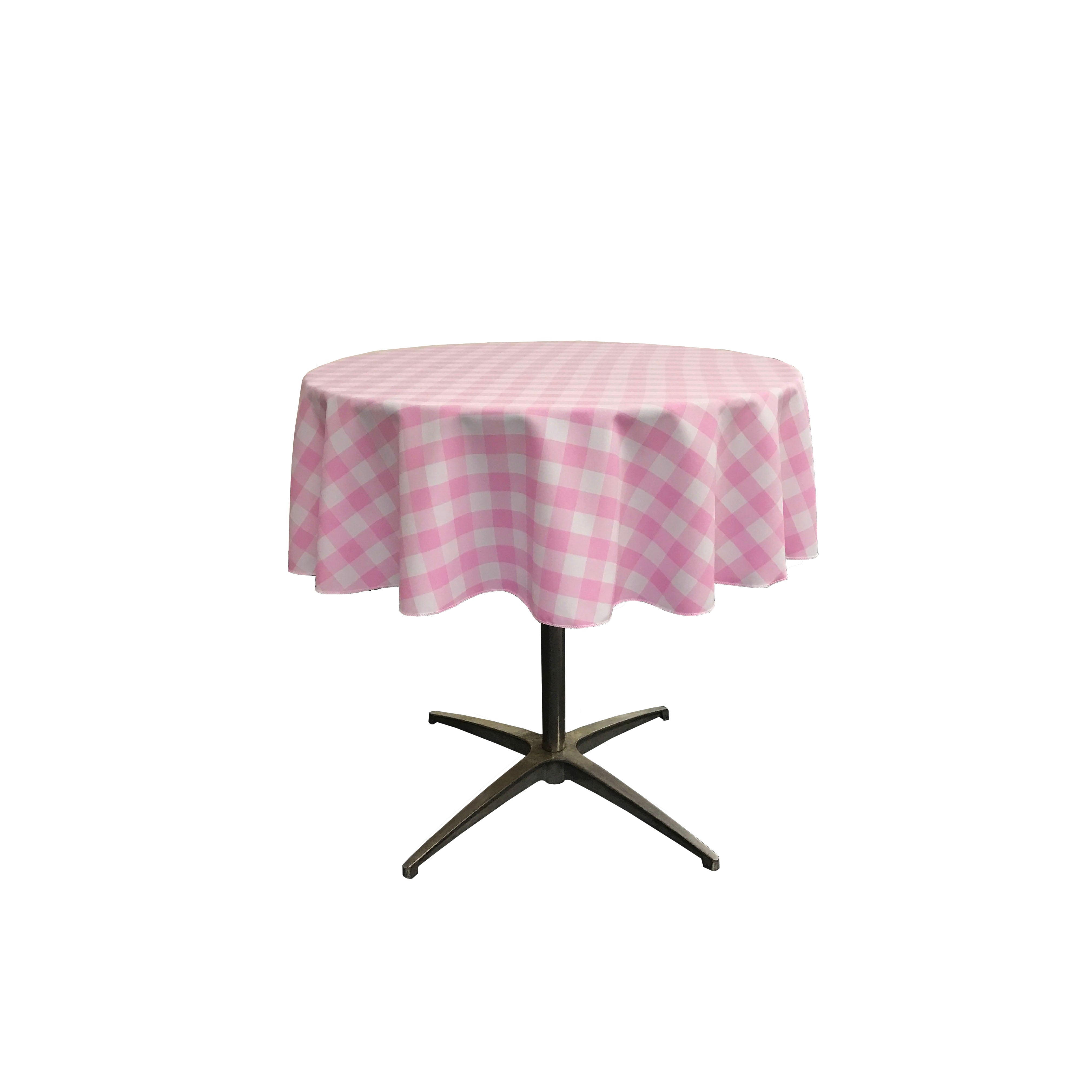 La Linen Polyester Gingham Checkered 58-Inch Round Tablecloth, White And Pink