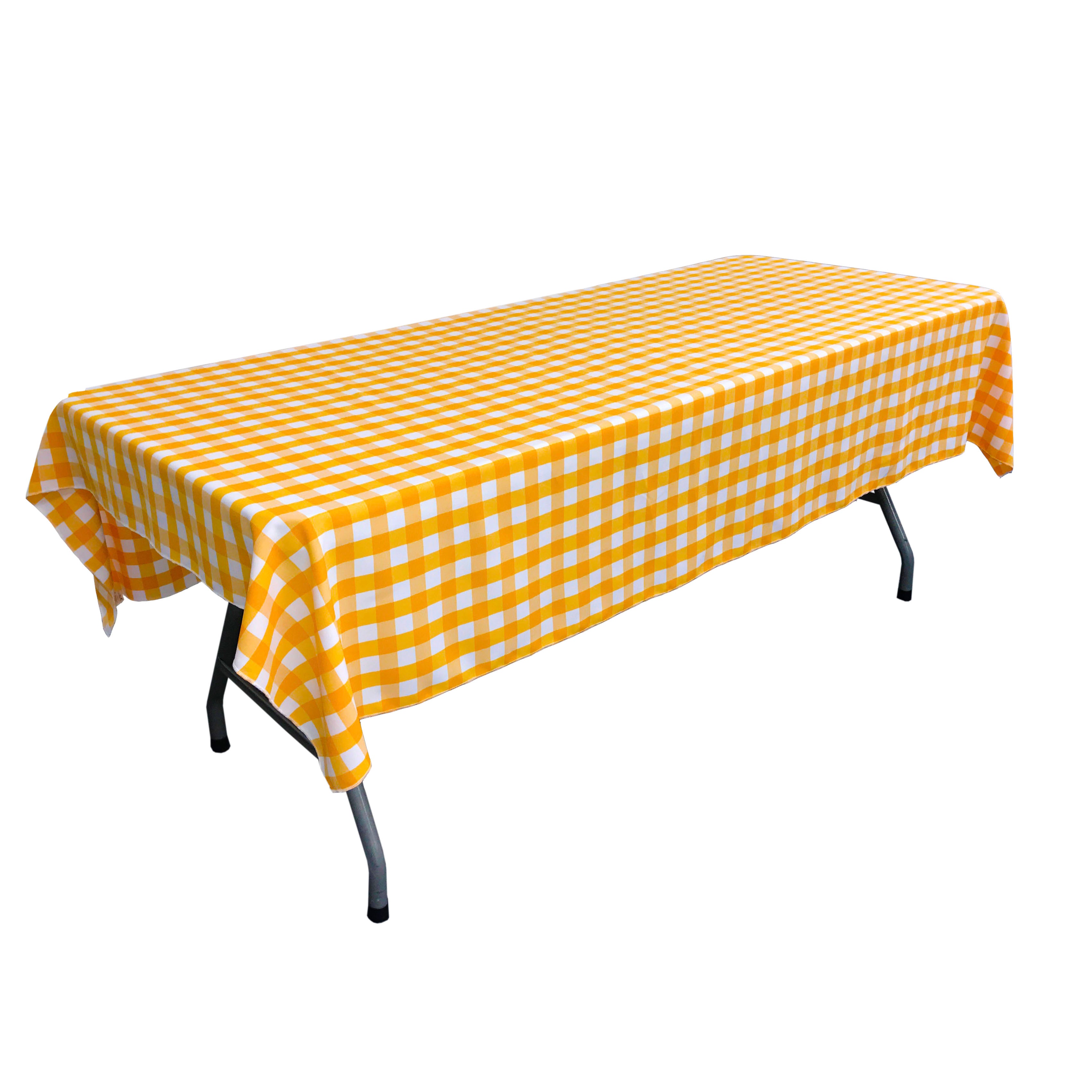 La Linen Polyester Gingham Checkered 60 By 102-Inch Rectangular Tablecloth, White And Dark Yellow
