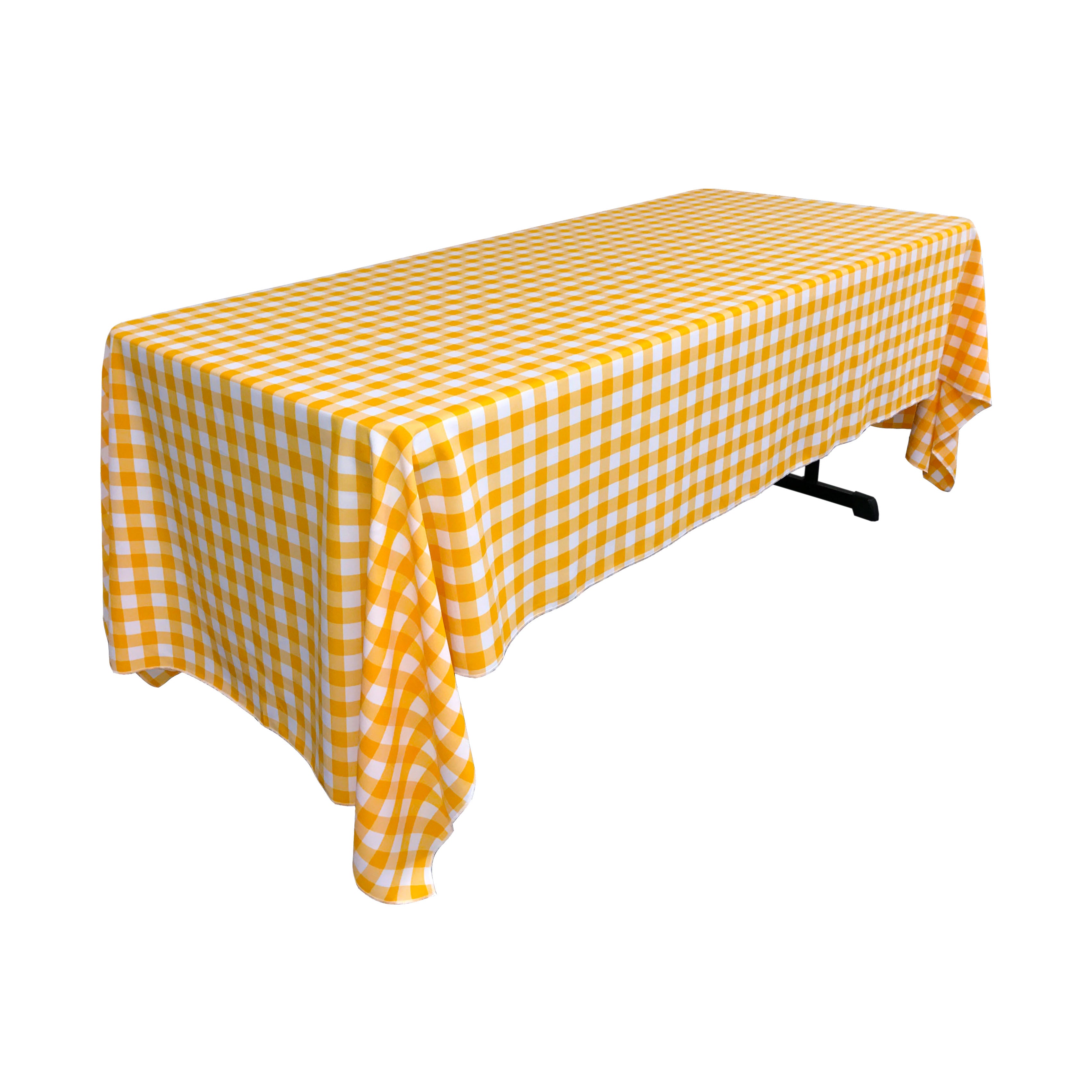 La Linen Polyester Gingham Checkered 60 By 120-Inch Rectangular Tablecloth, White And Dark Yellow