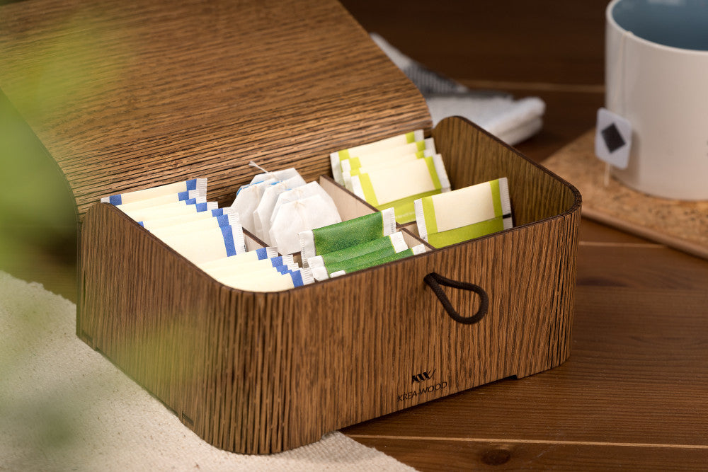 Krea-Wood tea box, Oak wood, tea flowers, brown colour