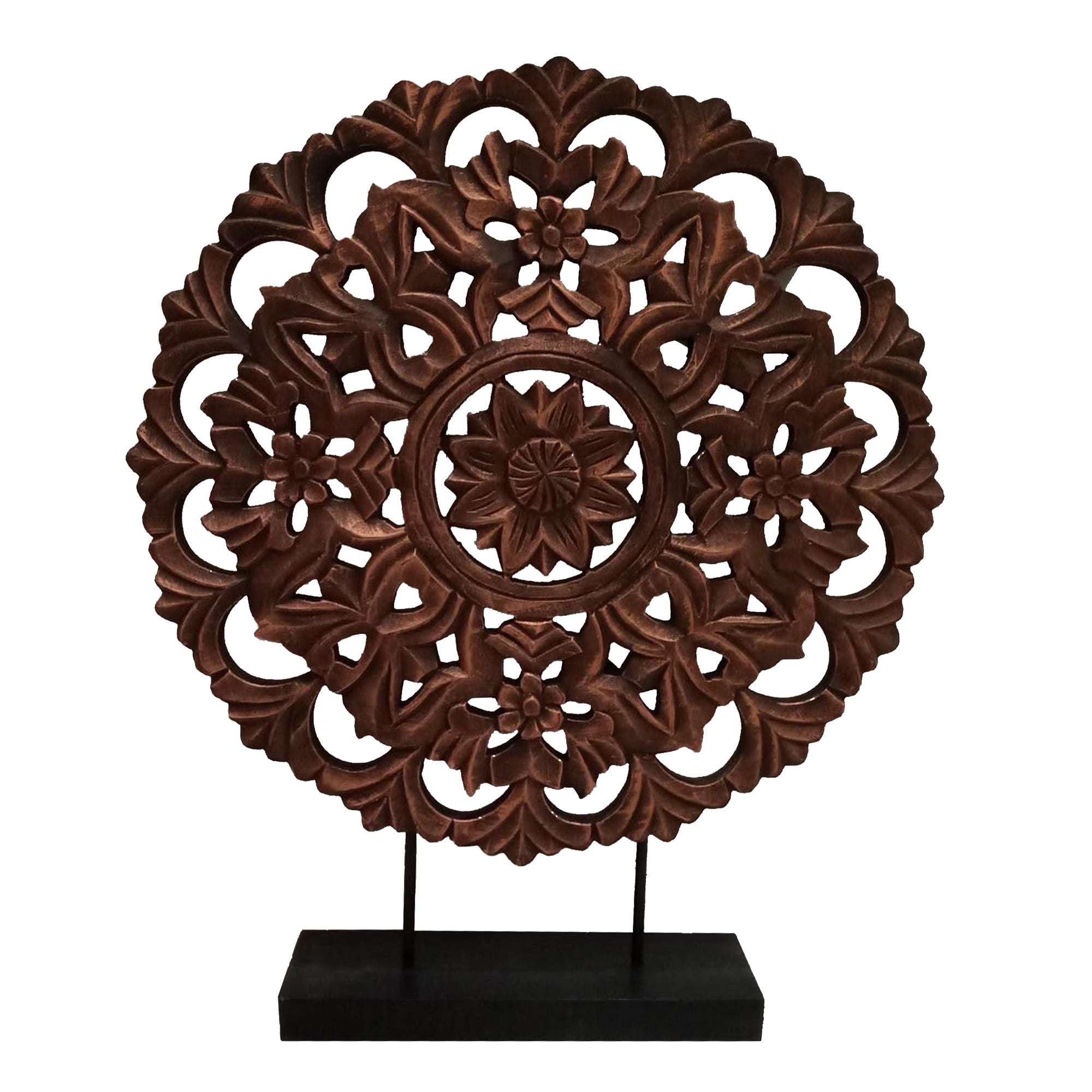 Intricately Carved Round Wooden Wheel Sculpture on Rectangular Stand, Rustic Brown, Large