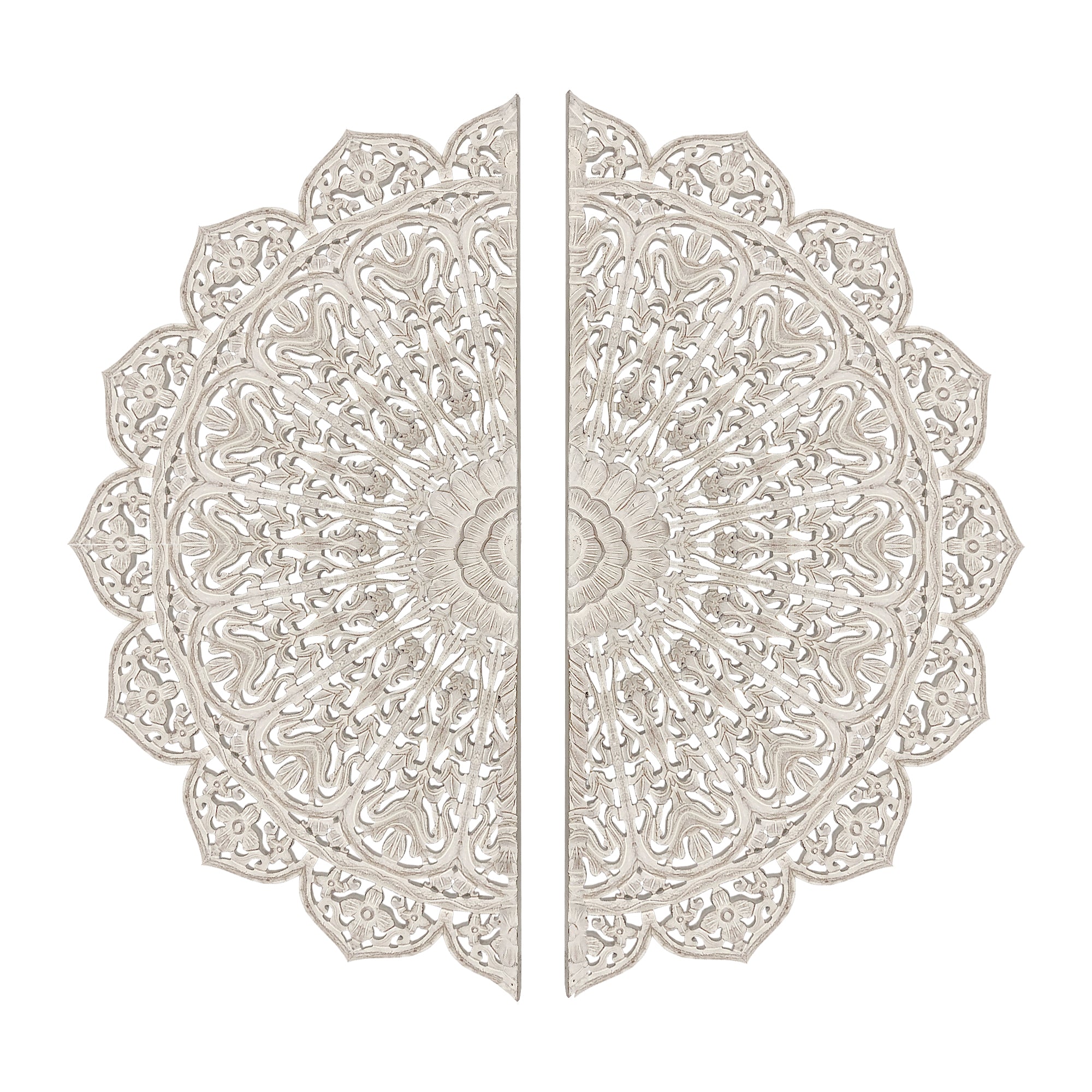 48 inch Half Moon Hand Carved Floral Mango Wood Wall Panel Decor, Antique White