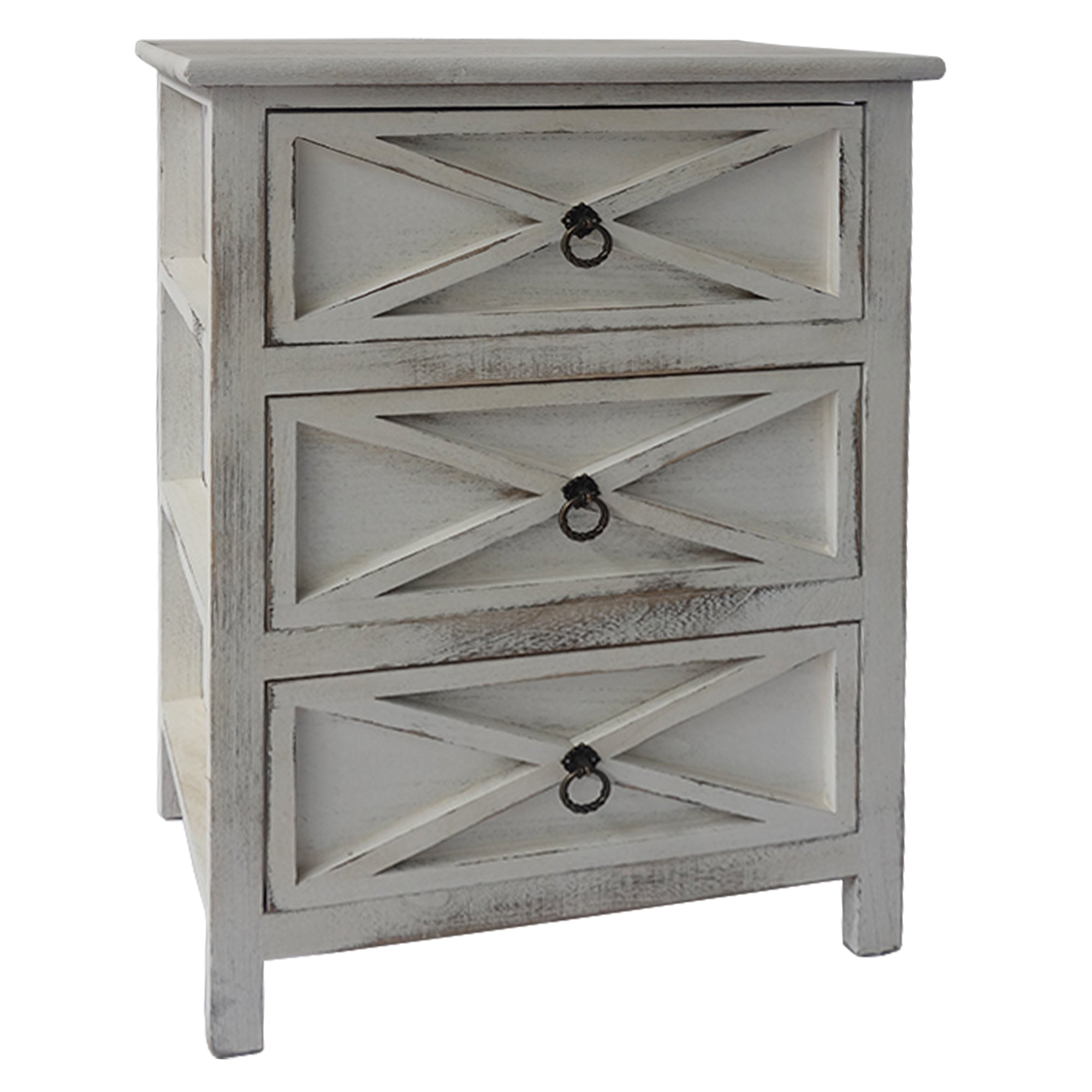 26 Inch Paulownia Wood Accent Table with Drawers, X Shaped Design, Ring Handles, Dove Gray