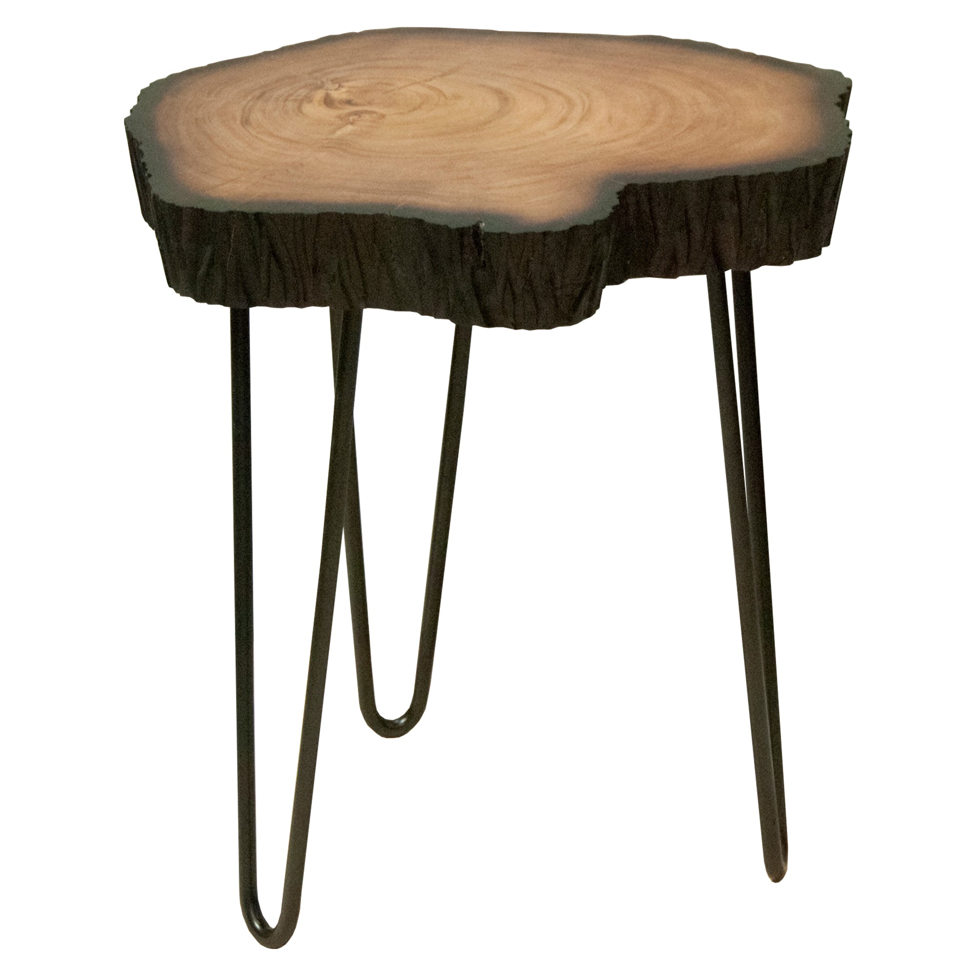 19 Inch Handcrafted Acacia Wood End Side Table, Live Edge, Metal Hairpin Legs, Brown, Black